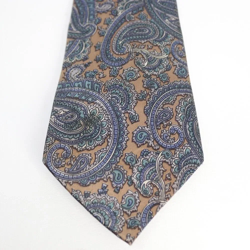 Egon Von Furstenburg Neck Tie Men Blue Gold Paisley Silk Blend Burgundy Lined